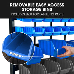 52 Parts Bin Rack Storage System Mobile Double-Sided - Blue