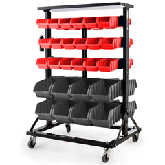 52 Parts Bin Rack Storage System Mobile Double-Sided - Red