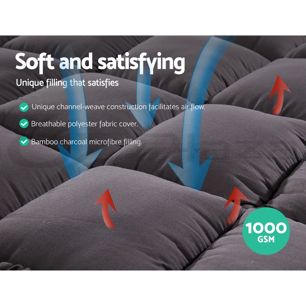 Bamboo Charcoal Pillowtop Mattress Topper 1000GSM with Protector Cover - Direct On Sale