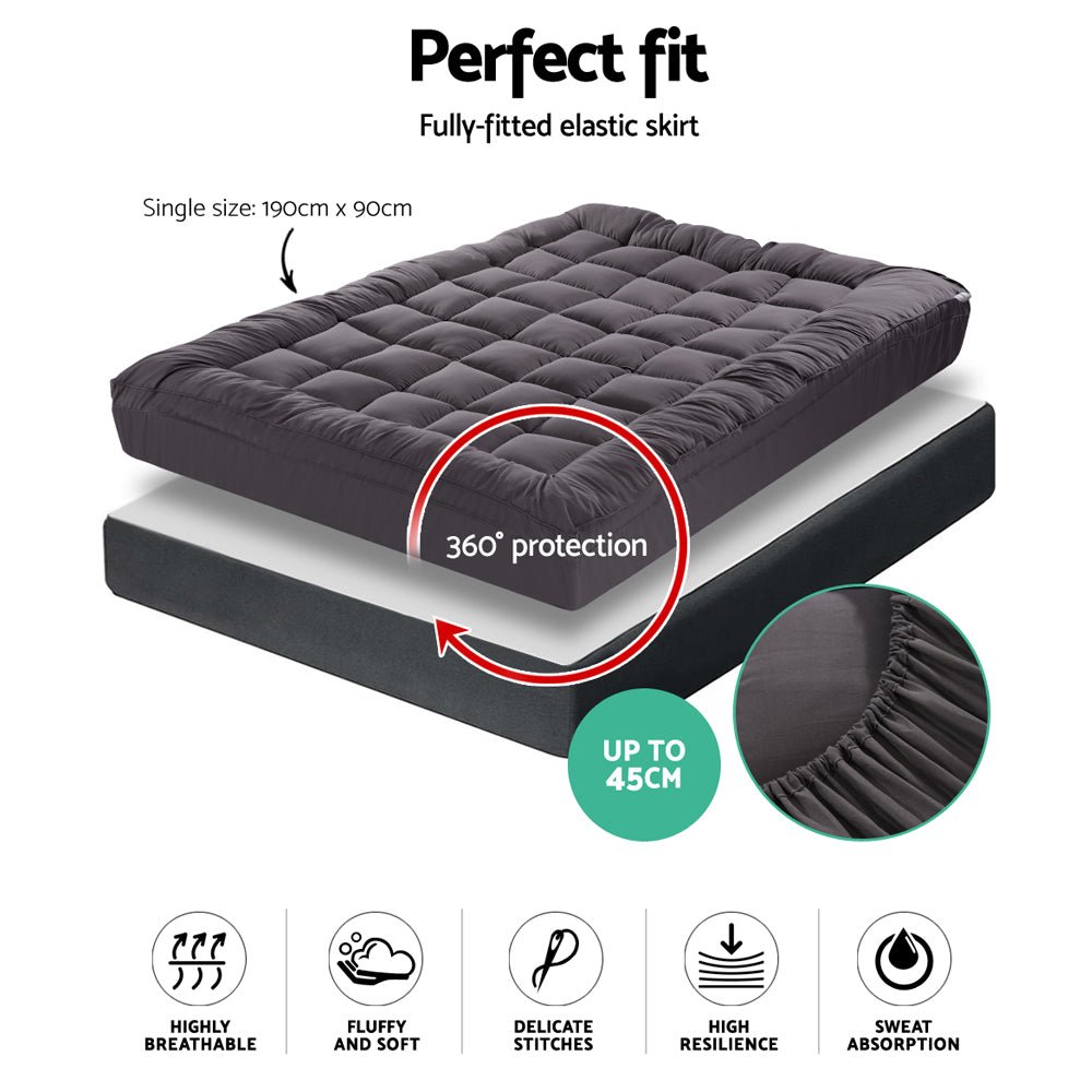 Bamboo Charcoal Pillowtop Mattress Topper 1000GSM with Protector Cover - Direct On Sale