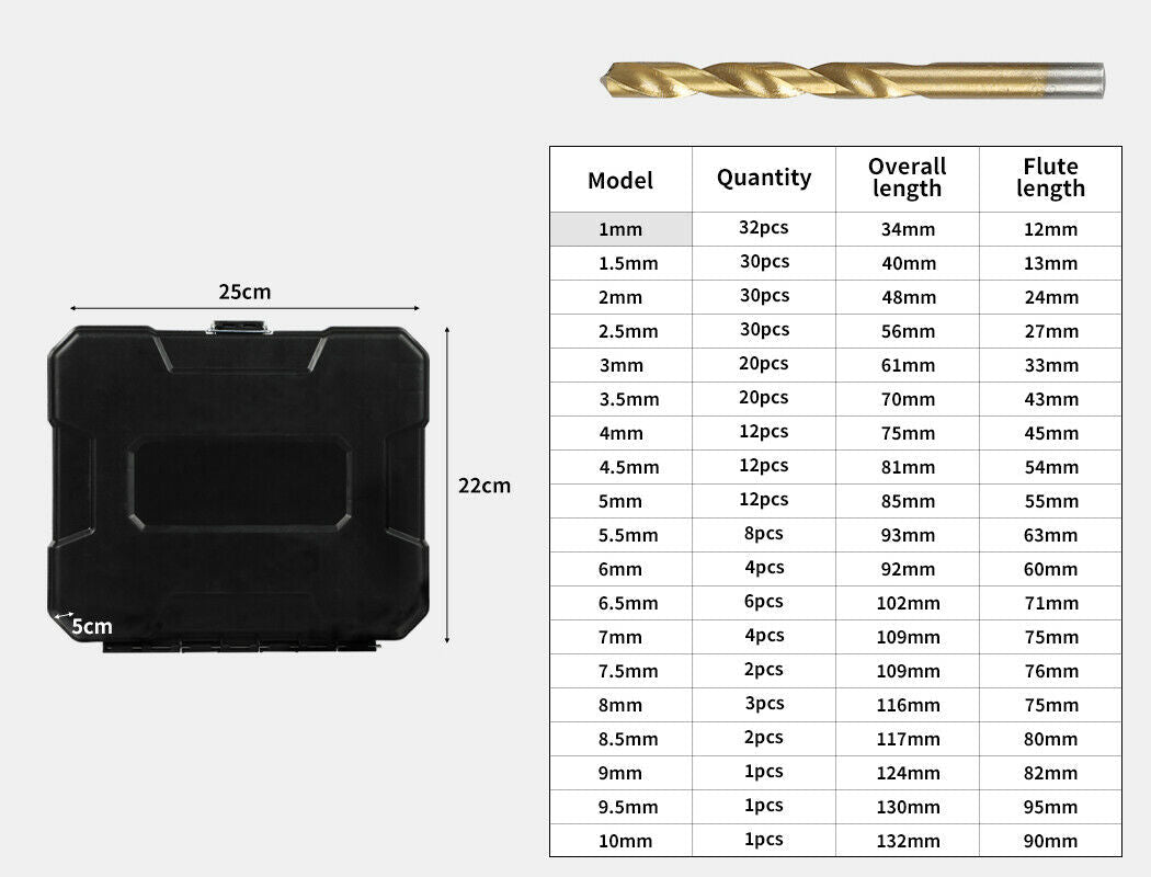 Drill Bits Set HSS Metric 1mm - 10mm Titanium Coated Metal Wood Plastic 230PCS - Direct On Sale