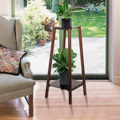 Bamboo 2 Tier Tall Plant Stand Pot Holder Small Space Table Garden Planter Brown