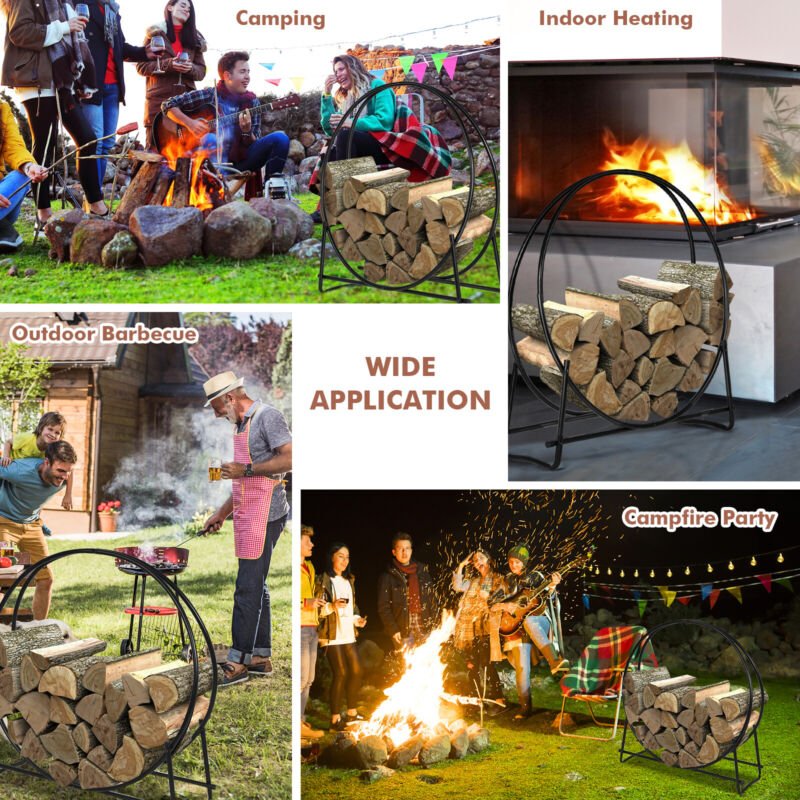 Firewood Storage Rack 102cm Tubular Steel Log Hoop Holder - Direct On Sale