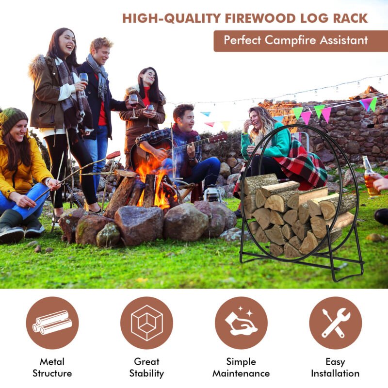 Firewood Storage Rack 102cm Tubular Steel Log Hoop Holder - Direct On Sale