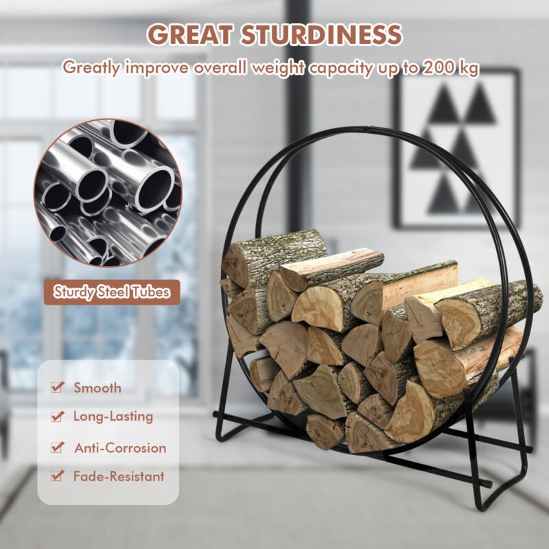 Firewood Storage Rack 102cm Tubular Steel Log Hoop Holder - Direct On Sale