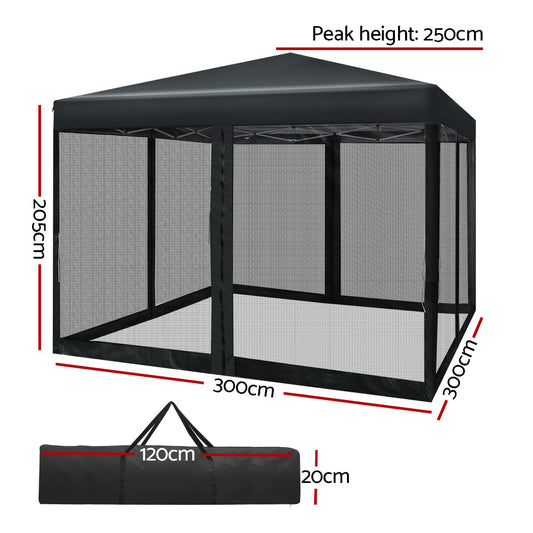 Gazebo Pop Up Marquee 3x3 Wedding Side Mesh Wall Outdoor Gazebos Black - Direct On Sale