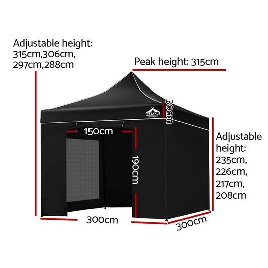 Gazebo Pop Up Marquee 3x3m Folding Wedding Tent Gazebos Shade Black - Direct On Sale