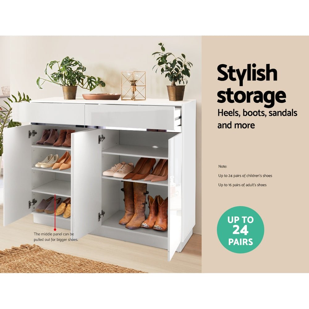 High Gloss Shoe Cabinet Storage Rack Cupboard White Drawers - 120cm - Direct On Sale