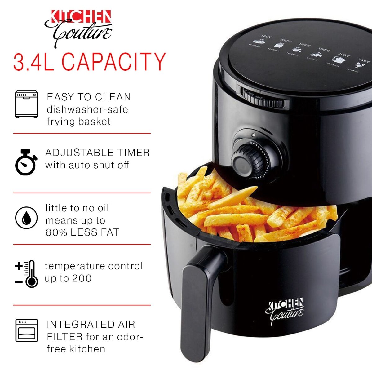 Kitchen Couture Air Fryer Healthy Food No Oil Cooking Recipe 3.4L Capacity Black - Direct On Sale