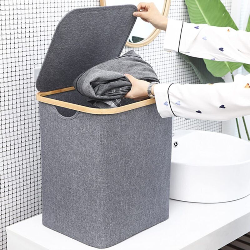 Laundry Basket with Lid 60L, Washing Basket with Bamboo Handle and Lid, Foldable - Direct On Sale