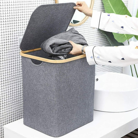 Laundry Basket with Lid 60L, Washing Basket with Bamboo Handle and Lid, Foldable - Direct On Sale