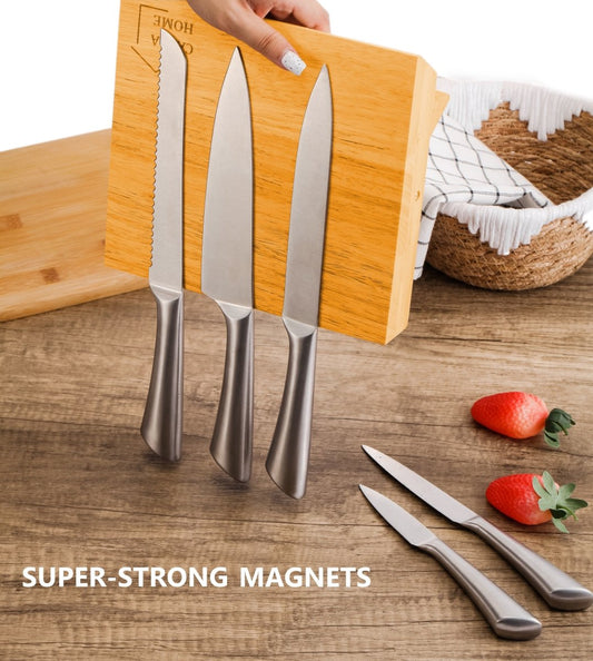 Natural Bamboo Magnetic Knife Block Holder with Strong Magnets - Direct On Sale