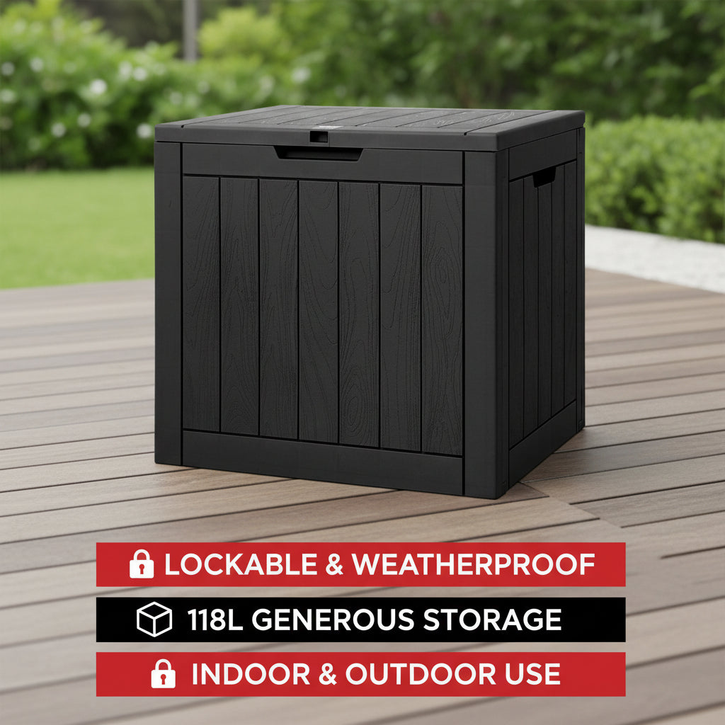 Outdoor Storage Box 118L Container Lockable Indoor Garden Toy Tool Shed Black - Direct On Sale