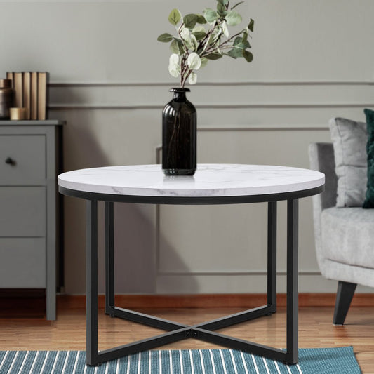 Round Marble Effect Coffee Table Side Tables Bedside Black Metal - Direct On Sale