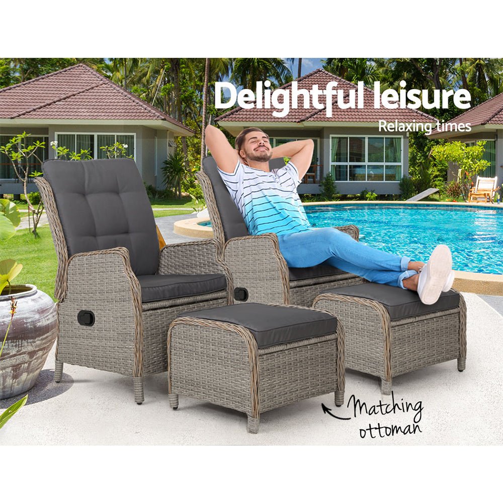 Set of 2 Recliner Chairs Sun lounge Outdoor Patio Furniture Wicker Sofa Lounger - Direct On Sale