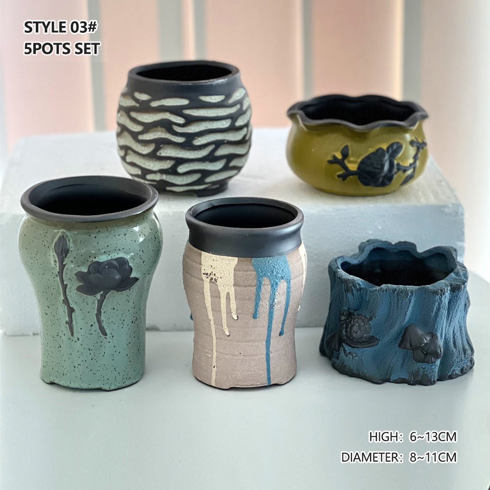 Set Of 5 Ceramic Clay Pottery Pots Succulent Flower Planter Draining Hole - Direct On Sale