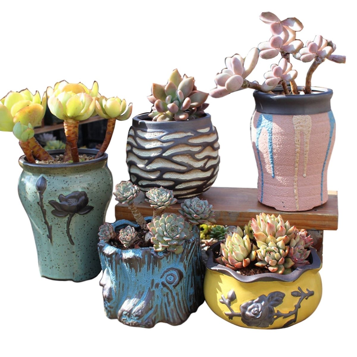 Set Of 5 Ceramic Clay Pottery Pots Succulent Flower Planter Draining Hole - Direct On Sale