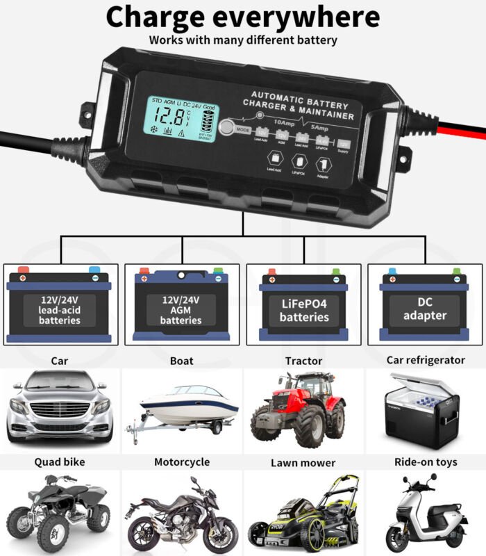 Smart Car Battery Charger Jump Starter 12V 10A Trickle Repair AGM GEL Lithium - Direct On Sale