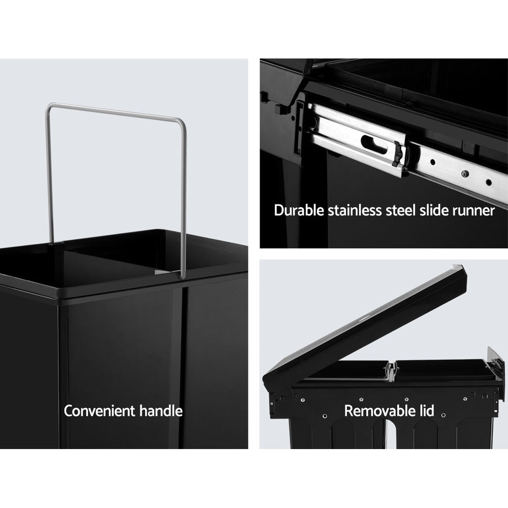 Twin Pull Out Kitchen Bins 15L with Double Dual Sliding Design Easy to Install Waste Basket - Black - Direct On Sale