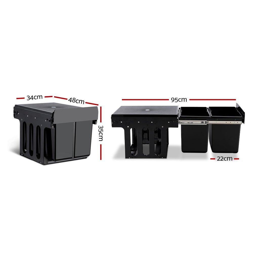 Twin Pull Out Kitchen Bins 15L with Double Dual Sliding Design Easy to Install Waste Basket - Black - Direct On Sale