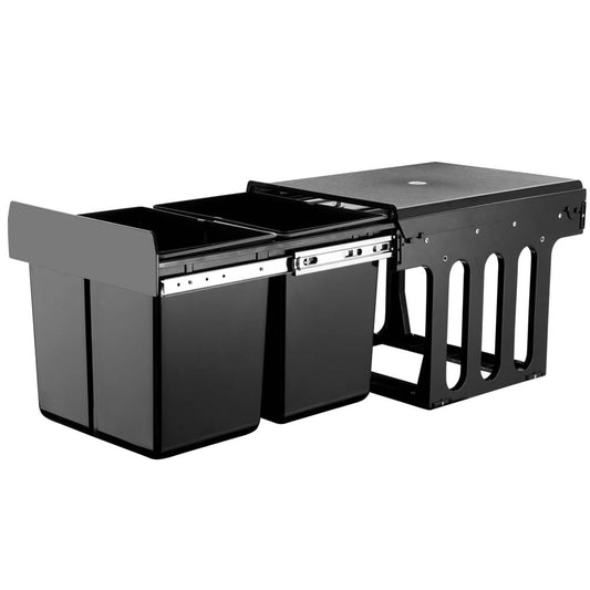 Twin Pull Out Kitchen Bins 15L with Double Dual Sliding Design Easy to Install Waste Basket - Black - Direct On Sale