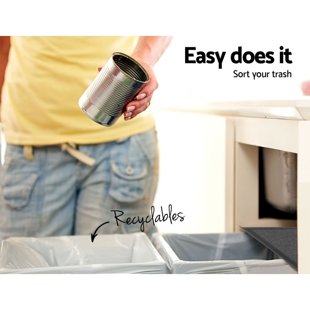 Twin Pull Out Kitchen Bins 15L with Double Dual Sliding Design Easy to Install Waste Basket - Black - Direct On Sale