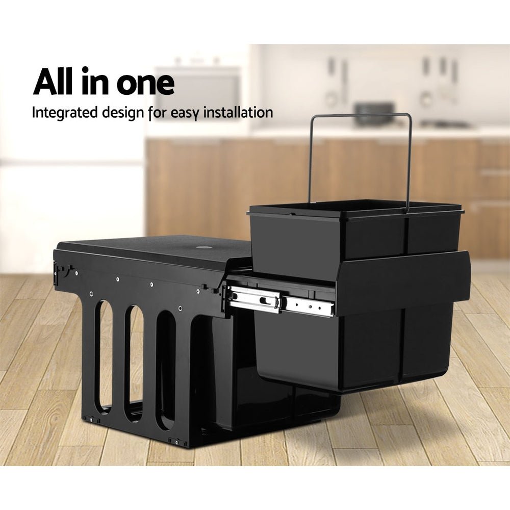 Twin Pull Out Kitchen Bins 15L with Double Dual Sliding Design Easy to Install Waste Basket - Black - Direct On Sale