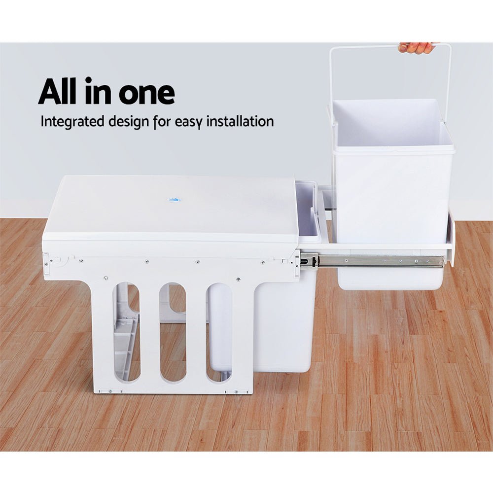 Twin Pull Out Kitchen Bins 15L with Double Dual Sliding Design Easy to Install Waste Basket - White - Direct On Sale