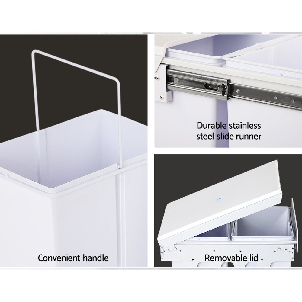 Twin Pull Out Kitchen Bins 15L with Double Dual Sliding Design Easy to Install Waste Basket - White - Direct On Sale
