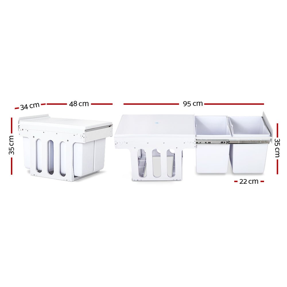Twin Pull Out Kitchen Bins 15L with Double Dual Sliding Design Easy to Install Waste Basket - White - Direct On Sale