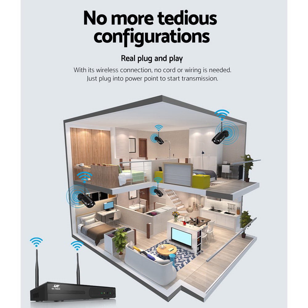 UL - Tech CCTV Wireless Security System 2TB 8CH NVR 1080P 6 Camera Sets - Direct On Sale