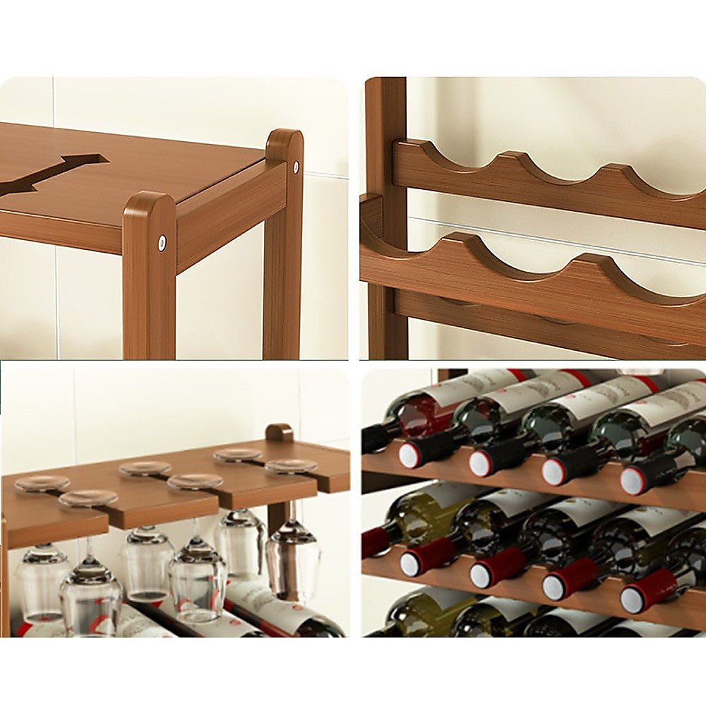 Wine Rack Free Standing 15 Bottles with 6 Glasses Holder Bamboo Wine Storage - Direct On Sale