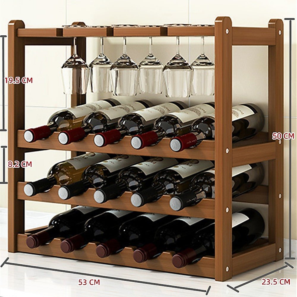 Wine Rack Free Standing 15 Bottles with 6 Glasses Holder Bamboo Wine Storage - Direct On Sale
