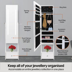 Mirror Jewellery Cabinet With LED Lighting Adjustable Angling 158CM